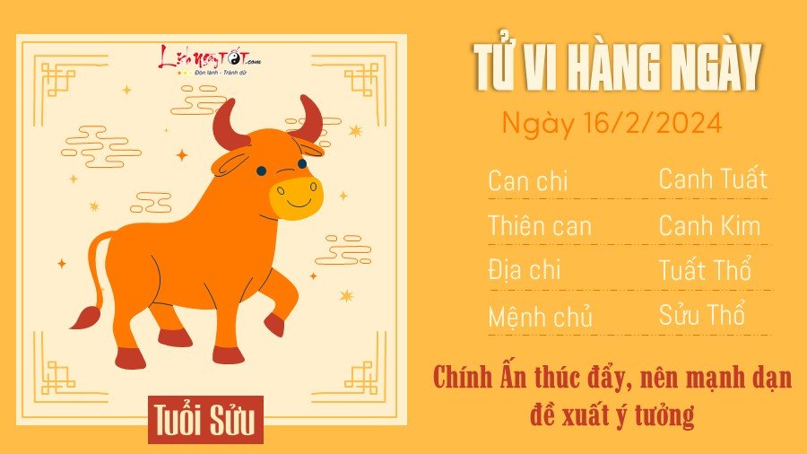 Tử vi ngày 16/2/2024 của 12 con giáp - Sửu Tu vi ngay 16/2/2024 cua 12 con giap - Suu