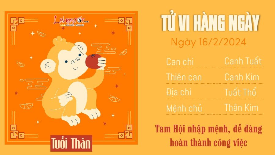 Tử vi ngày 16/2/2024 của 12 con giáp - Thân Tu vi ngay 16/2/2024 cua 12 con giap - Than