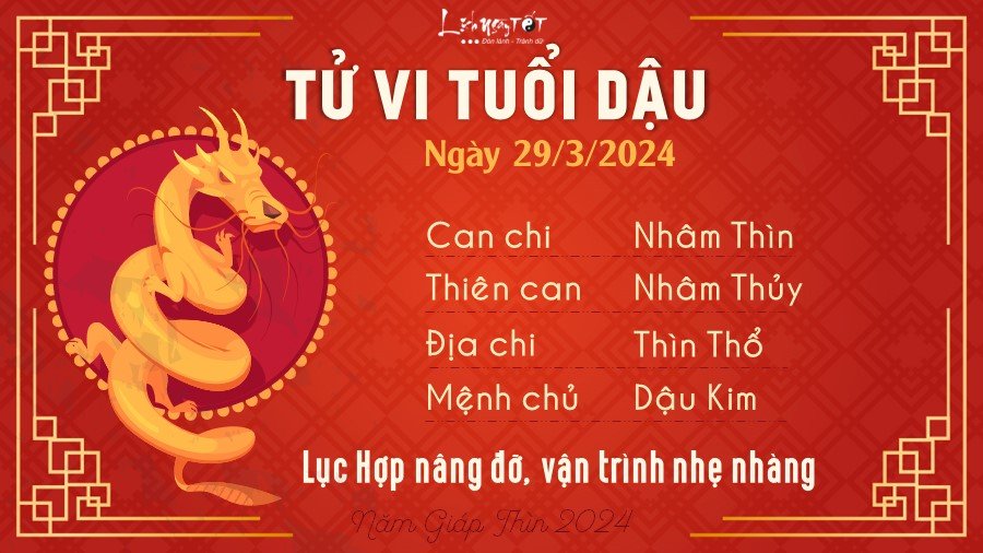 Tử vi hàng ngày 29/3/2024 của 12 con giáp - Dậu Tu vi hang ngay 29/3/2024 cua 12 con giap - Dau