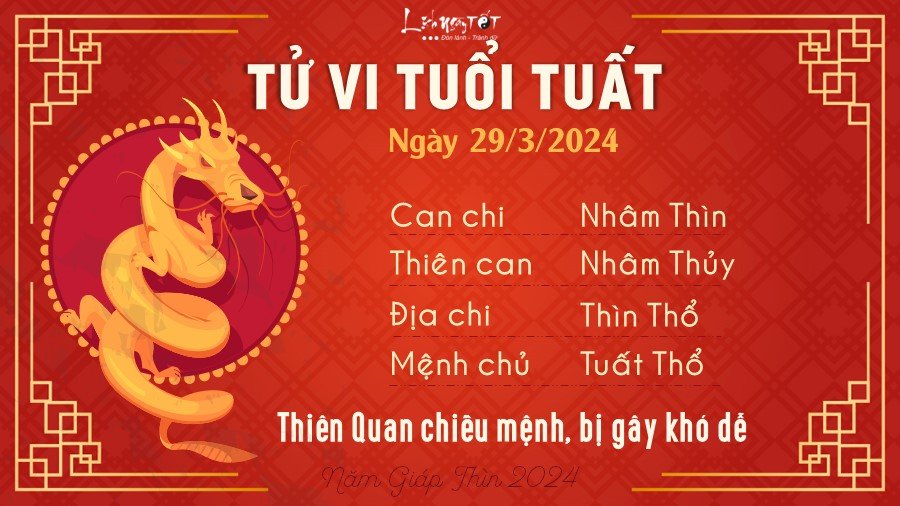 Tử vi hàng ngày 29/3/2024 của 12 con giáp - Tuất Tu vi hang ngay 29/3/2024 cua 12 con giap - Tuat