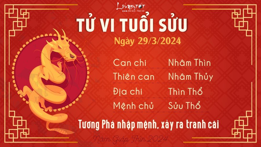 Tử vi hàng ngày 29/3/2024 của 12 con giáp - Sửu Tu vi hang ngay 29/3/2024 cua 12 con giap - Suu